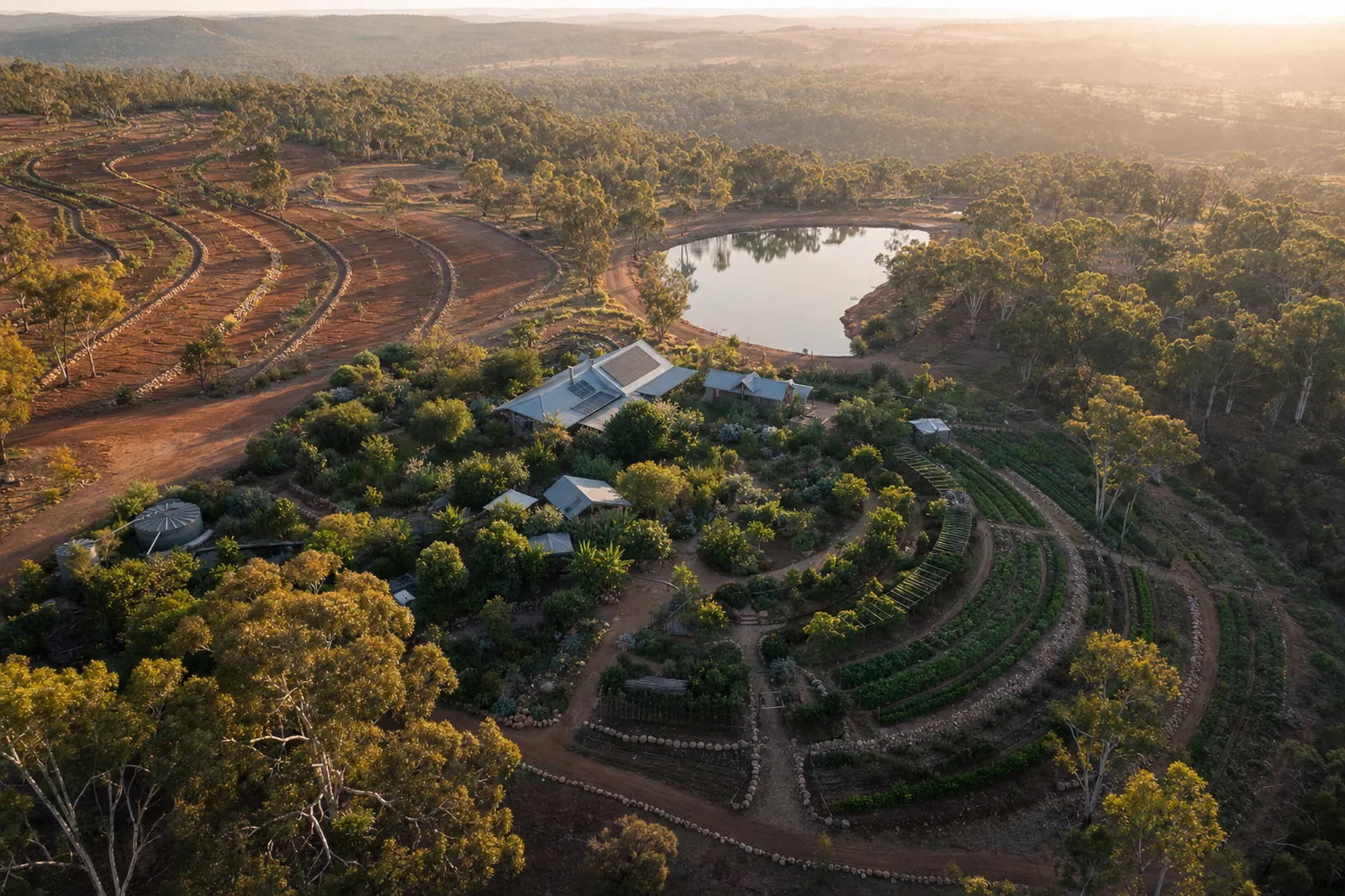 Aerial view of a regenerative Australian property at golden hour — contour swales, dam, food forest and homestead